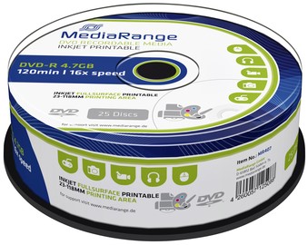 DVD-R MediaRange 4.7GB|inkjet printable, 25 stuks